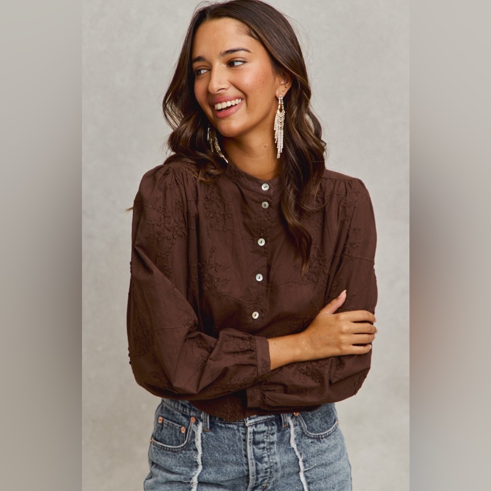 SO ME 3d Floral Woven Long Sleeve Front Button Shirt 10010004621